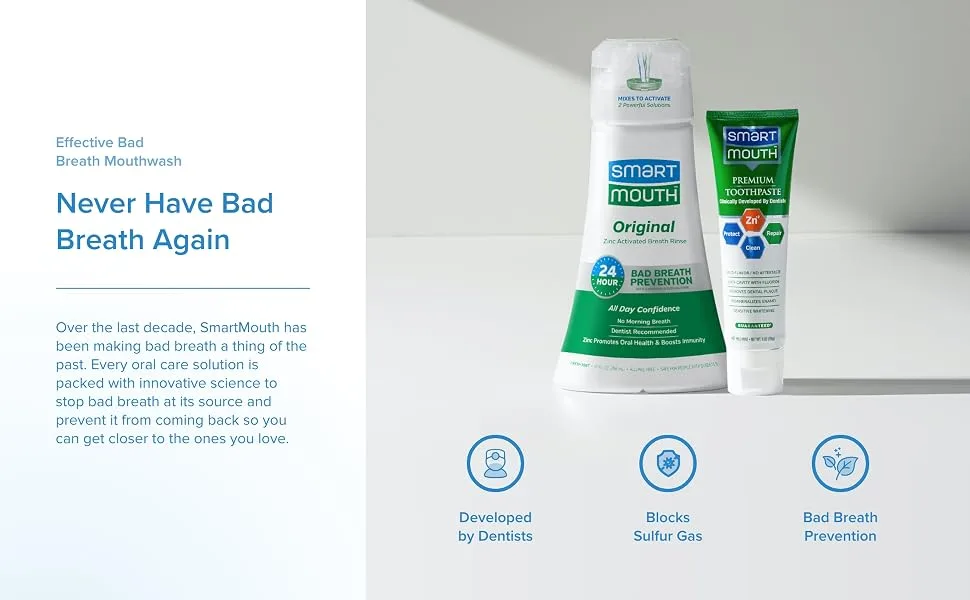 SmartMouth Original Activated Mouthwash & Premium Zinc Ion Toothpaste  Lasts 24 Hours  Mint - Never have bad breath again
