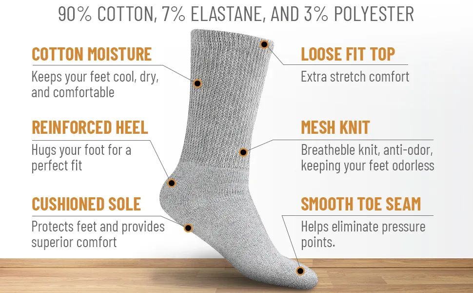Debra Weitzner Non-Binding Loose Fit Sock - Non-Slip Diabetic Socks for Men and Women - Crew 3Pk Grey Ankle Grey With Grips 10-13 - diabetic socks, loose fit, non binding, crew, healthy, blood circulation,
