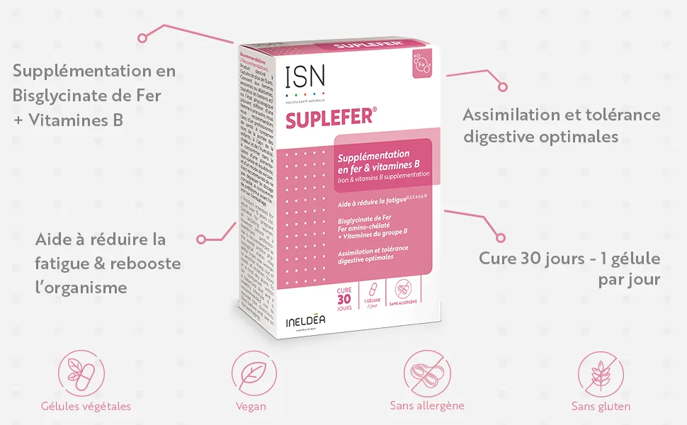 ISN - Suplefer - Aide r duire la fatigue - Riche en Fer et Vitamines du groupe B - Fer microencapsul plus biodisponible - Cure 30 jours - product information 2