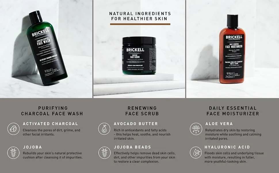 Brickell Men's Daily Advanced Face Care Routine II  Activated Charcoal Facial Cleanser  Face Scrub  Face Moisturizer Lotion  Natural and Organic  Scented Peppermint - Natural Ingredients, Activated Charcoal, Jojoba, Avocado Butter, Aloe vera, Hyaluronic acid