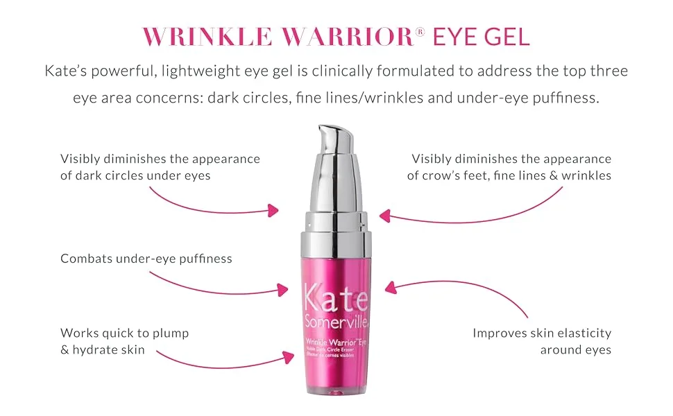 Kate Somerville Wrinkle Warrior Eye Gel | Visible Dark Circle Eraser | Instantly Plumps & Hydrates Under Eye Skin | 0.3 Fl Oz - Wrinkle Warrior