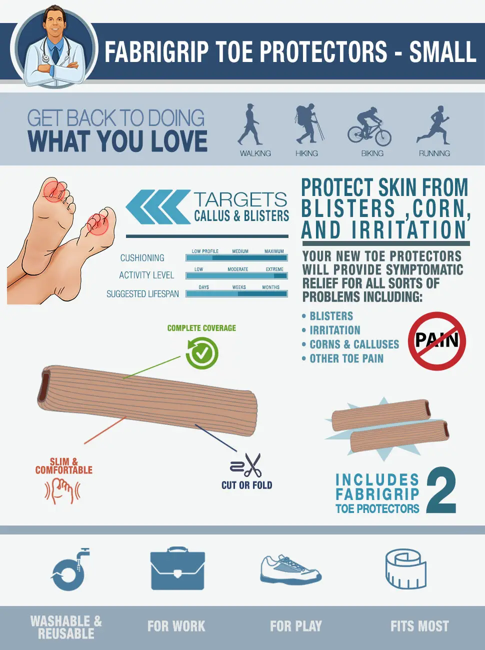 Dr. Frederick's Original Fabrigrip Toe Protectors - 2 Multiple-Use Pieces - Toe Covers to Prevent Blisters  Cushion Bunions  & More - Small - fabrigrip toe protector