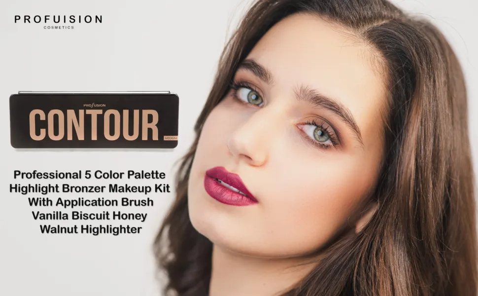 Profusion Cosmetics - Contour - Professional 5 Color Palette Highlight Bronzer Makeup Kit With Application Brush - Vanilla Biscuit Honey Walnut Highlighter - product information 1