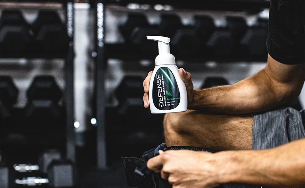 Defense Liquid Foaming Face & Hand Soap  Peppermint 7.5 Fl Oz with Tea Tree  Eucaluptus  Jojoba  Aloe Vera  Olive & Coconut Oils - Foaming Face Wash Peppermint at the gym