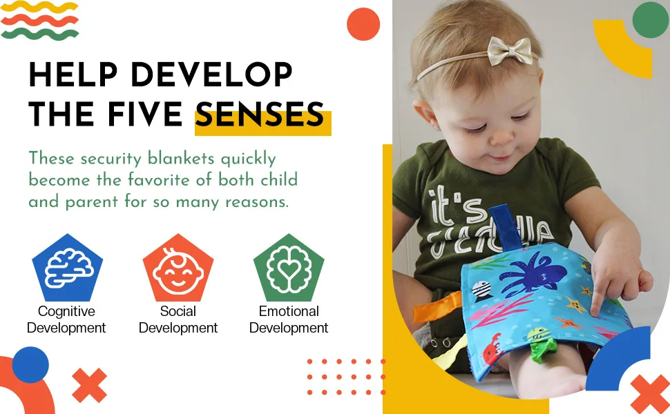 Lovey Chew Blanket Crinkle Toy Tag Square Sensory by Baby Jack (Mermaids and Narwhals) - Stimulates the Five senses crinkle me tag toy that teaches