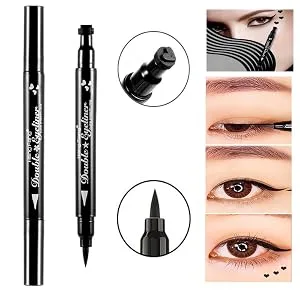 Pinkiou 2 in 1 Double-headed Liquid Eyeliner Pen Stamp Super Slim Gel Felt Tip High Pigment Black Waterproof Smudgeproof Long Lasting Makeup Tool(Heart) - Double-headed Eyeliner Pen Stamp Black Waterproof Tearproof Long Lasting Painting Makeup Tool