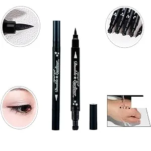 Pinkiou 2 in 1 Double-headed Liquid Eyeliner Pen Stamp Super Slim Gel Felt Tip High Pigment Black Waterproof Smudgeproof Long Lasting Makeup Tool(Heart) - double side eyeliner pens