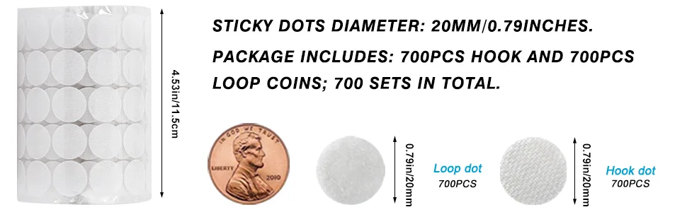 WXBOOM Self Adhesive Dots 1400pcs (700 Pairs) 0.79 Diameter White Hook & Loop Dots Sticky Back Coins 20mm for School Classroom Office Home 1.0.79-1400 - WXBOOM
