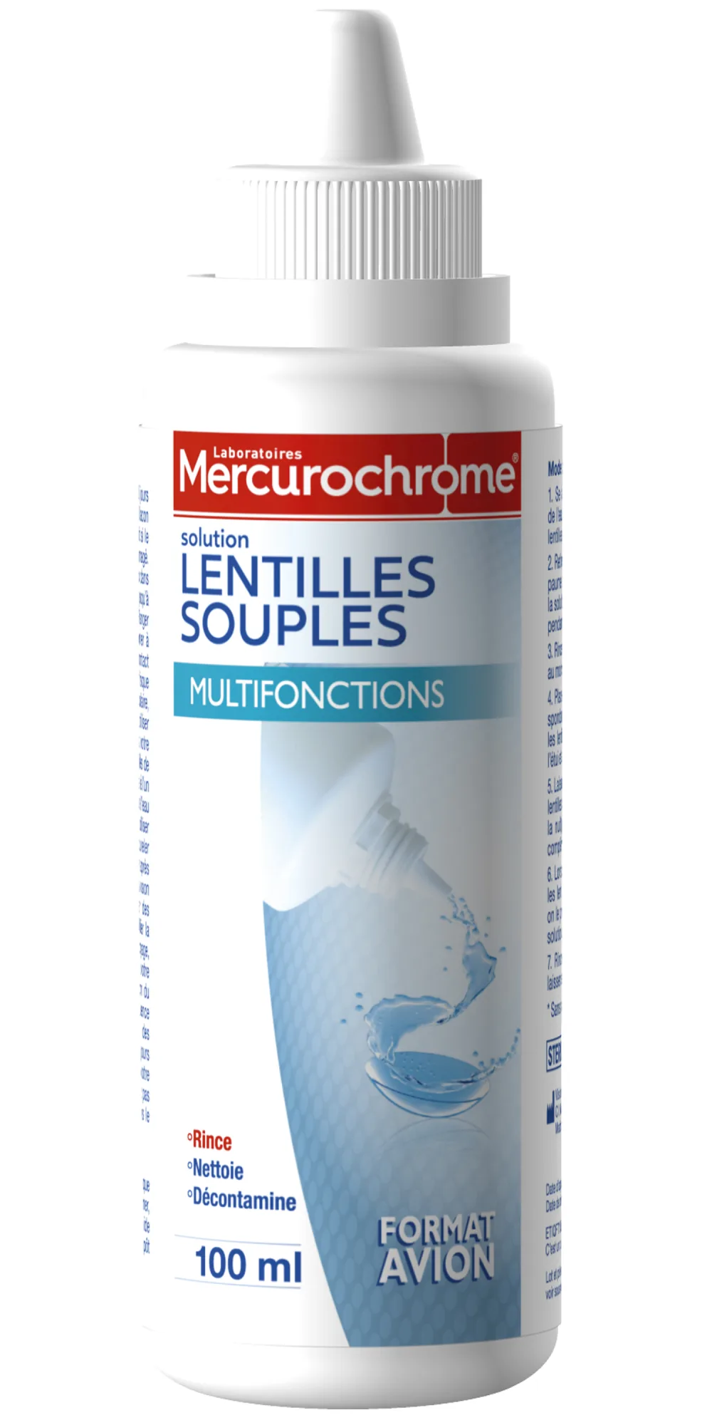 MERCUROCHROME Solution Lentilles Souples Multifonctions - Rince Nettoie et D contamine - Entretien Journalier - Format Voyage Adapt l'avion 100mL - product information 2