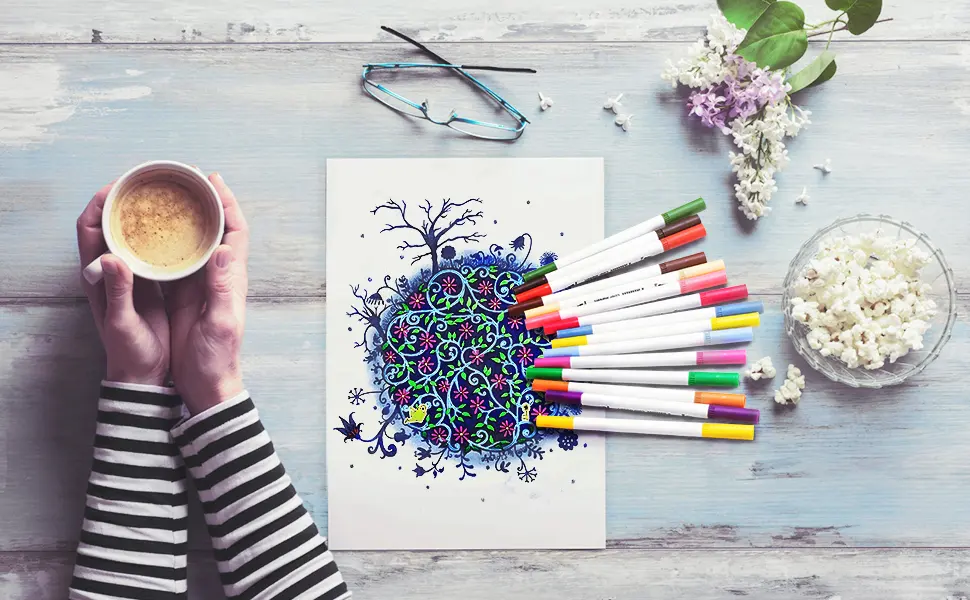 Dual Brush Marker Pens for Coloring Books  Tanmit Fine Tip Coloring Marker & Brush Pen Set for Journaling Note Taking Writing Planning Art Project - pens