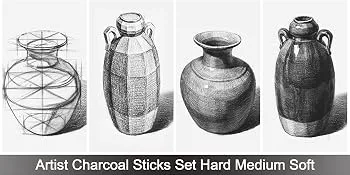 Artist Compressed Charcoal Sticks for Sketching  Drawing  Shading  Soft  Medium  Hard  Art Supplies Sketch Kits Tools  6-Piece Boxed - Charcoal Sticks