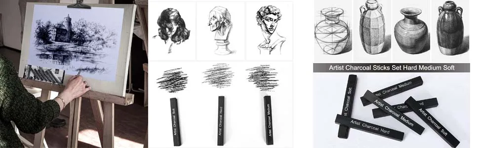Artist Compressed Charcoal Sticks for Sketching  Drawing  Shading  Soft  Medium  Hard  Art Supplies Sketch Kits Tools  6-Piece Boxed - Compressed Charcoal Sticks