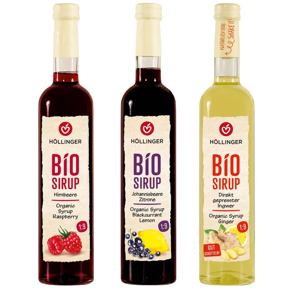H llinger Bio Sirop Set 3 Bouteilles de 500ml Framboise Cassis-Citron et Gingembre Ratio de Dilution 1:9 Sans Alcool - product information 3