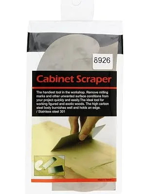 DCT Carbon Steel Scraper 3-Piece Set   Rectangular  Concave Convex  Gooseneck Curved Wood Cabinet Woodworking Scrapers - Shown in DCT packaging