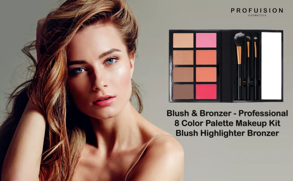 Profusion Cosmetics - Blush & Bronzer - Professional 8 Color Palette Makeup Kit Blush Highlighter Bronzer - Nude Highlight Champagne Highlight Light Bronze Shadow Bronze Pink Warm Peach Rose Pink - product information 1