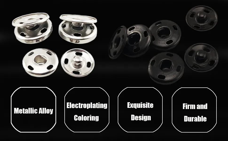 Kenkio 120 Sets Sew-on Snap Buttons Metal Snaps Fasteners Press Studs Buttons for Sewing  8 mm and 10 mm Black and Silver - Durable and sturdy