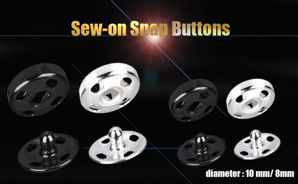 Kenkio 120 Sets Sew-on Snap Buttons Metal Snaps Fasteners Press Studs Buttons for Sewing  8 mm and 10 mm Black and Silver - sew on snaps