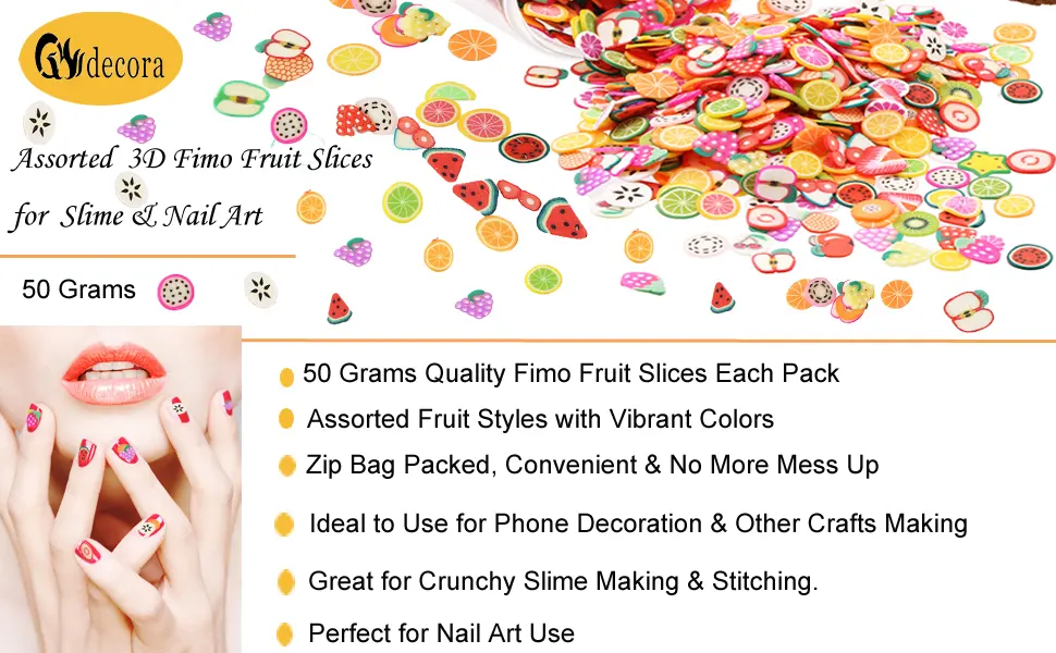 DECORA 1/4 Inch 3200 Pieces Mini 3D Fruit Slices for Slime Crafts Nail Art and Face Decoration - DECORA Fimo Fruit Slices