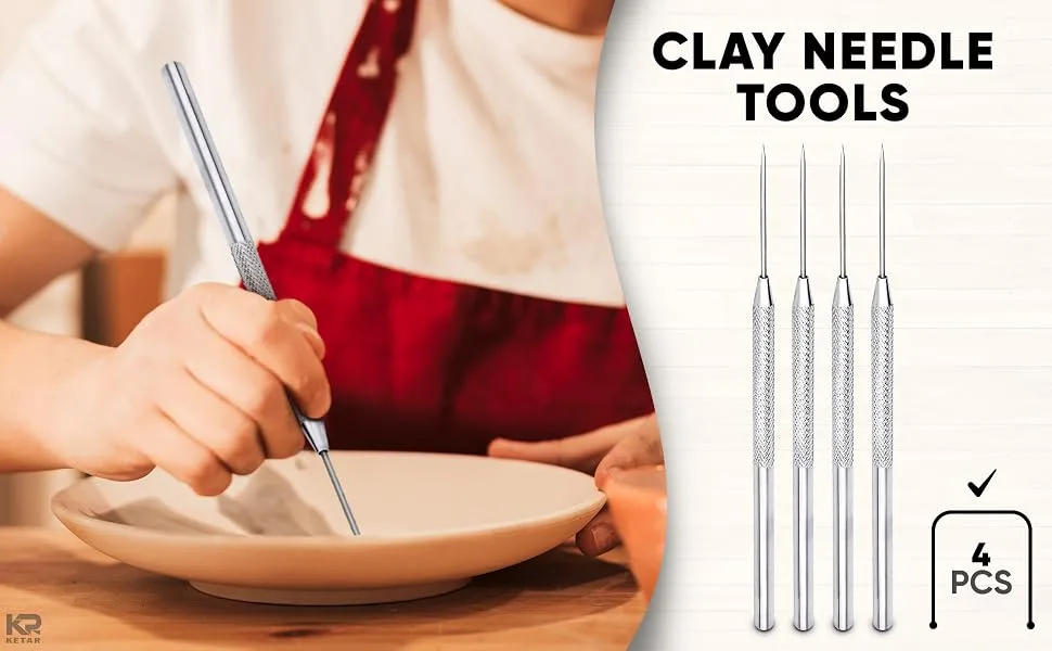 4Pcs Modeling Clay Carving Tools - Clay for Sculpting Stainless Steel Needle Ceramic Supplies Pottery Clay Texture Art Tools - Sculpting Tools Modeling Clay Tool Kit Polymer Clay Needle Tool Set - ceramic tools clay carving tools clay stamps pick tool punch needle tool clay cutters shapes jewelry