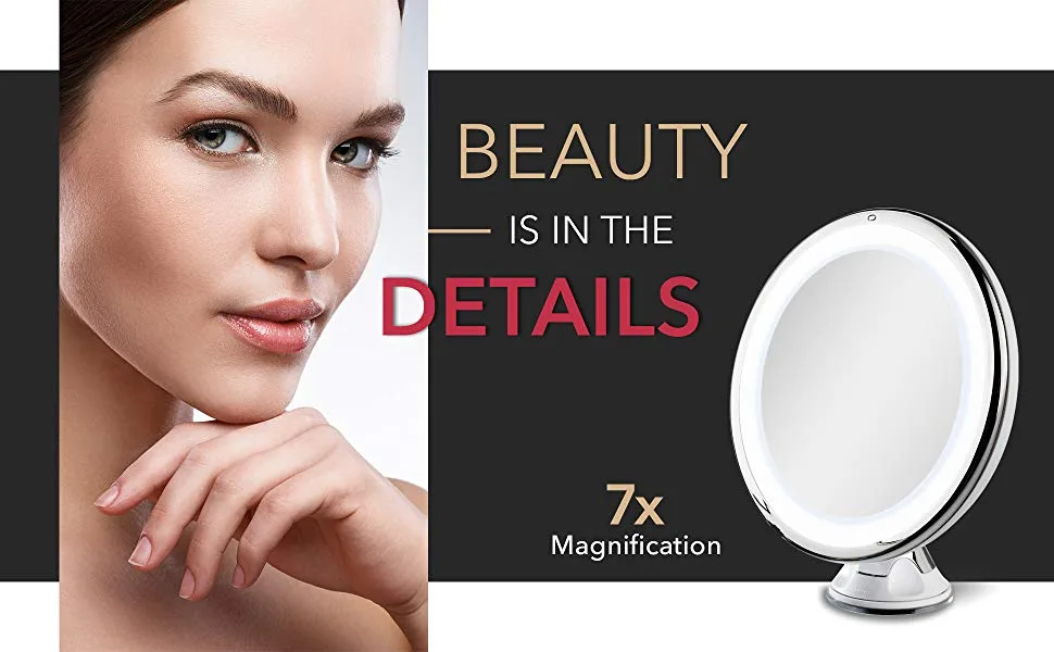 Fancii 7X Magnifying Lighted Vanity Makeup Mirror with 20 Natural LED Ring Lights  Locking Suction Cup  Cordless Travel Cosmetic Mirror - Maya 7 - Fancii Maya 7x magnifying mirror