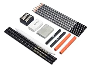 Amazon Basics Sketch and Drawing Art Pencil Kit  17 Piece Set  Charcoal  Black  White - Amazon Basics