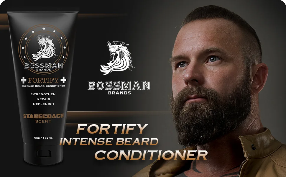 Bossman Fortify Intense Conditioner - Moisturize Replenish and Protect your beard - Thicker Formula - Natural Ingredients - Made in USA (Stagecoach Scent) - beard conditioner men wash softener coarse hair acondicionador barba aceite productos scent