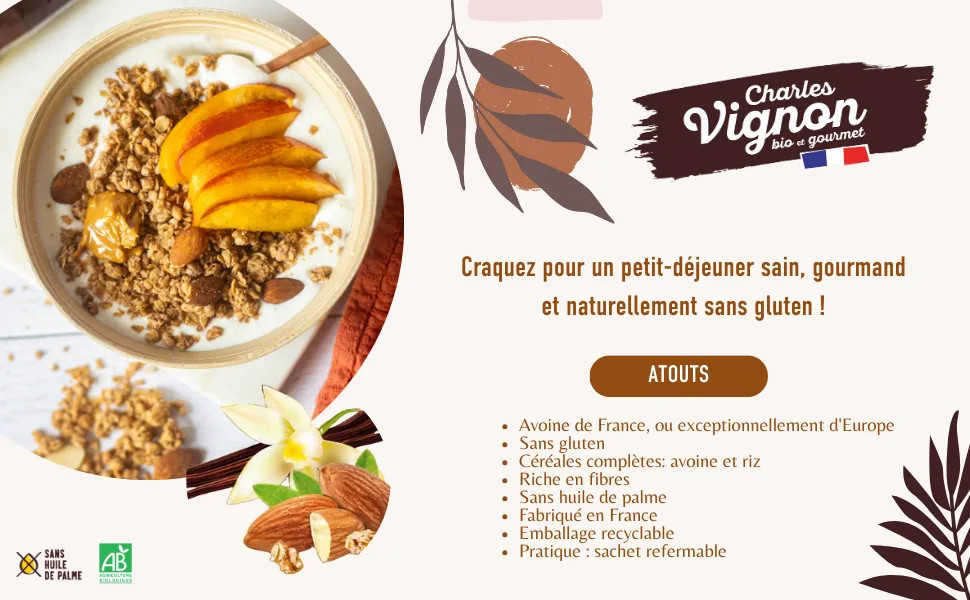 Charles Vignon - Muesli croustillant bio amandes - Le sachet de 375 g (Lot de 6) - product information 1