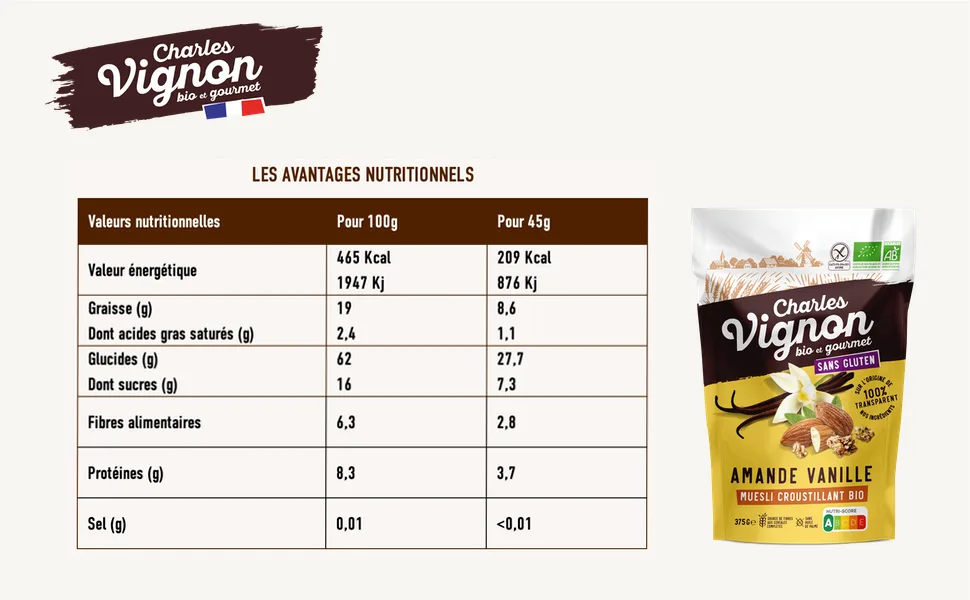Charles Vignon - Muesli croustillant bio amandes - Le sachet de 375 g (Lot de 6) - product information 2