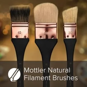 Silver Brush Limited 5401-30 Silver Atelier Badger/Synthetic Blend Mottler Flat Brush  Size 30  Extra Long Handle Flat Size - 30 - Three pointed-tip brushes in front of a painting.