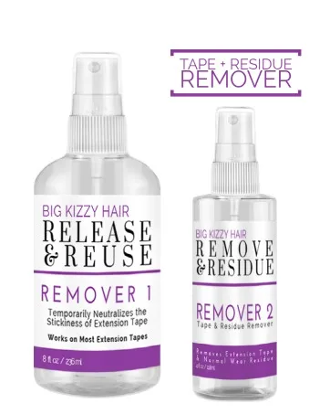 Big Kizzy Hair Extension Remover 1 + Remover 2 bundle  Two Step System Tested & Proven Fastest & Easiest Tape In Extension Adhesive and Residue Remover - Remover 1 bottle and Remover 2 bottle with text above Tape + Residue Remover