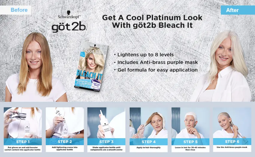 Got2b Bleach It Permanent Hair Color  00A Ultra Platinum - 6 Step diagram showing how-to apply got2b Bleach It with Before + After Model Images