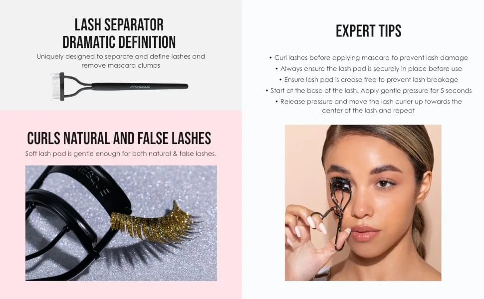 JAPONESQUE Midnight Lash Curler with Natural Arch for Sweeping Volume on Natural or False Lashes  Holds Curl for up to 8 Hours  Includes 1 Refill Pad - Lash Separator Expert tips