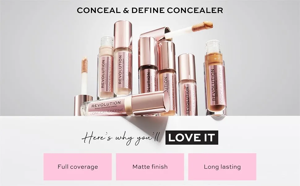 Makeup Revolution Conceal & Define Concealer  Full Coverage Makeup Concealer  Matte Finish & Long Wear  For Fair Skin Tones  Vegan  C2  4ml - revolution beauty make up conceal and define concealer