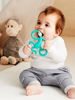 Matchstick Monkey | Dancing Monkey Teether | Grey | Teething Toy for Babies | Gently Massages Infants Gums | Varied Textures to Sooth Baby Teething Pains | Dishwasher and Fridge Suitable - baby with teether