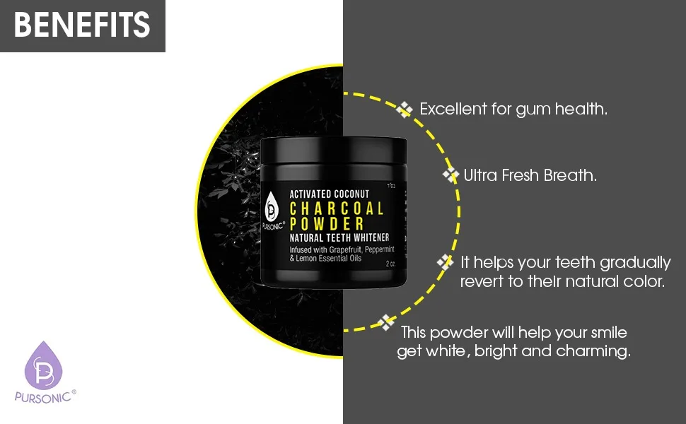 Pursonic Teeth Whitening Charcoal Powder Natural  Infused With Grapefruit Peppermint & Lemon Essential Oils  2oz - cptw22