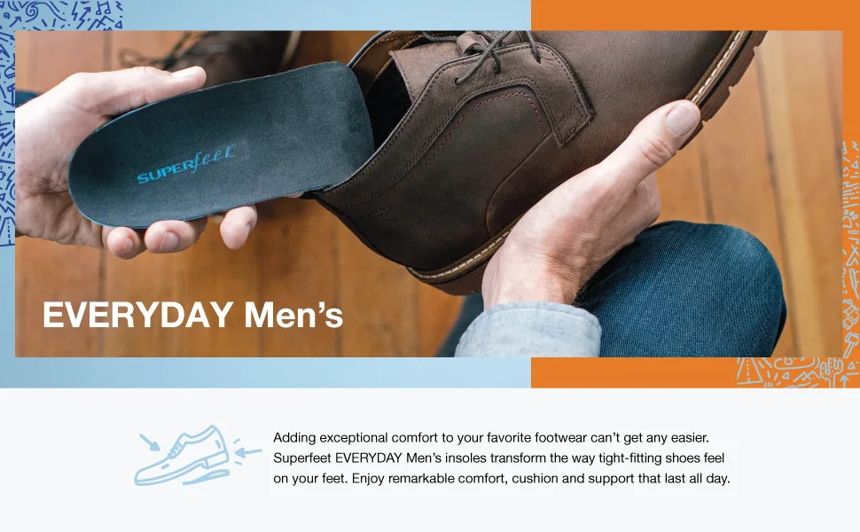 Superfeet Men's Everyday Slim Fit Insoles 9.5-11 US - slippers flat thin bottom comfy heels topper pillow contour pad cover cushion comfort padding travel