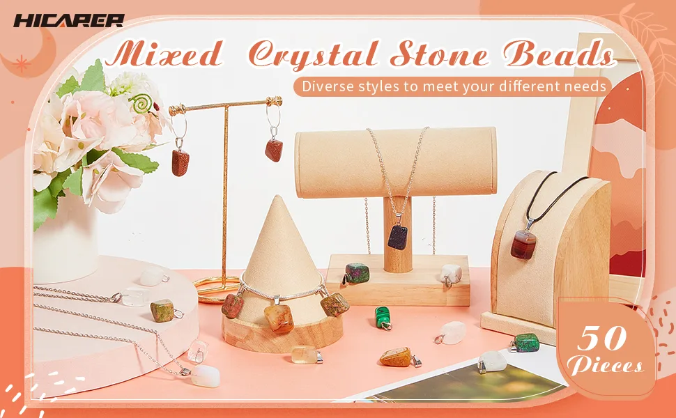 Hicarer 50 Pieces Mixed Stone Beads Crystal Stone Pendants Quartz Charms with Storage Bag for Jewelry Making Irregular Style - product information 1