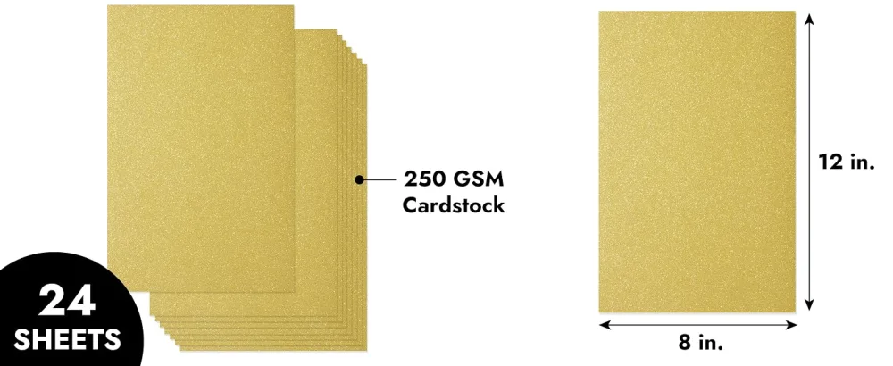 24 Sheets Gold Glitter Paper Cardstock for DIY Crafts  Card Making  Invitations  Double-Sided  250gsm (8 x 12 In) - Infographic