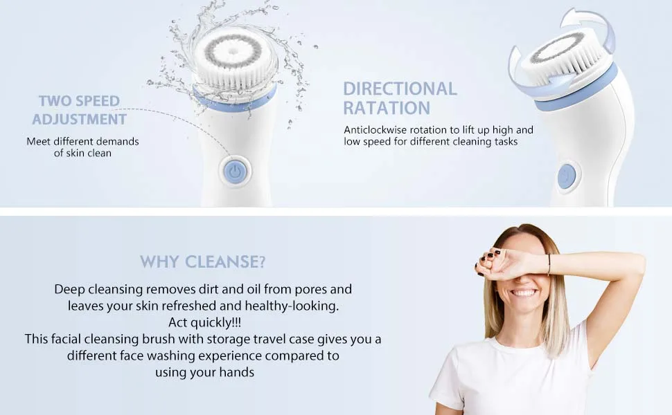 Waterproof Facial Cleansing Spin Brush Set with 4 Exfoliating Brush Heads - Complete Face Spa System by CLSEVXY - Face Scrubber for Gentle Exfoliation and Deep Scrubbing Blue - face scrubber