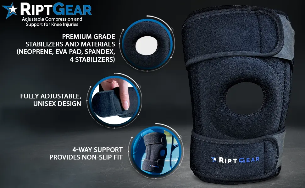 RiptGear Open Patella Knee Brace with Adjustable Side Straps - Designed to Reduce Pressure on Knee Cap Medium Left - adjustable tear force wrap around patilla larger stabilizing wear compression rodiyera ortopedica