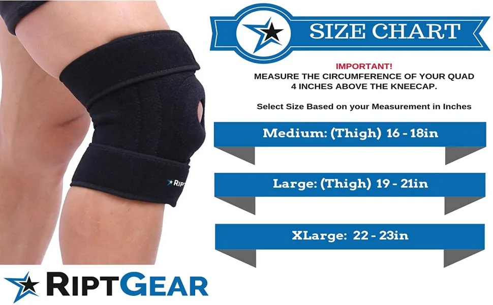 RiptGear Open Patella Knee Brace with Adjustable Side Straps - Designed to Reduce Pressure on Knee Cap Medium Left - exercise flex joint hinge sleeve 23 inches bike riding wraps softener bracing pod youth health pull