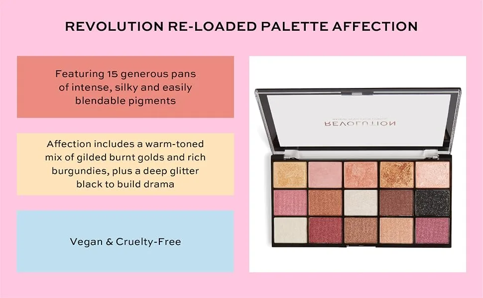 Makeup Revolution Reloaded Palette  Makeup Eyeshadow Palette  Includes 15 Shades  Lasts All Day Long  Vegan & Cruelty Free  Affection  16.5g - Re-loaded Palette Affection