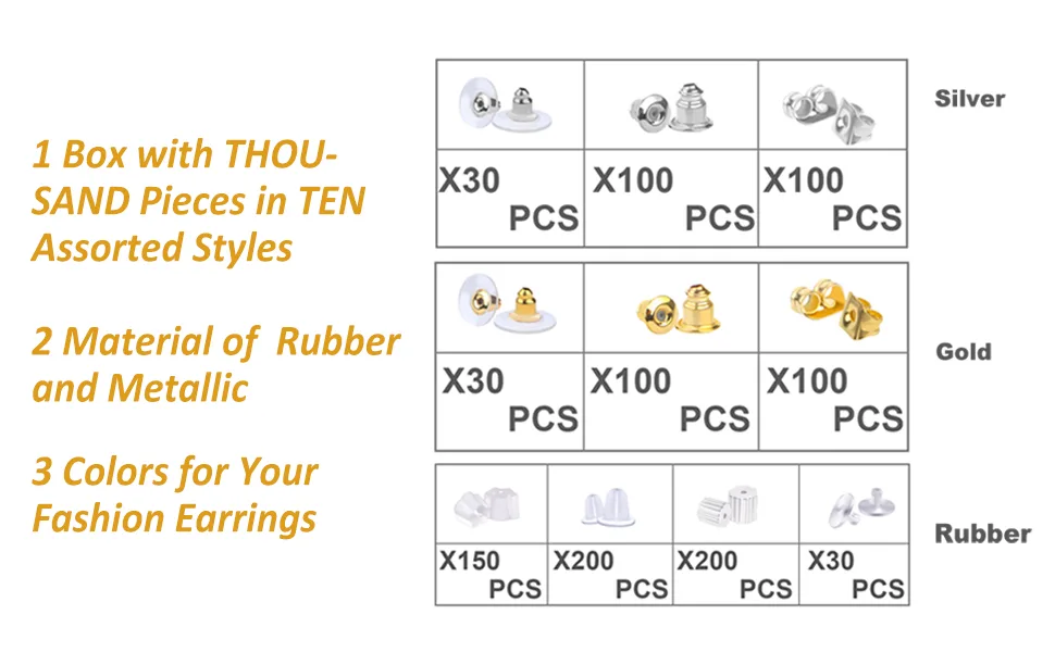 Earring Backs 10 Styles Earring Accessories Safety Bullet Earring Clutch Hypoallergenic 1040 Pieces (10 Styles) - thousand pieces earring stopper