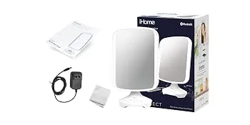 iHome 7 x 9 Reflect ll iCVBT3 Adjustable Vanity Mirror  Makeup Mirror with Bluetooth Audio  Hands-Free Speakerphone  LED Lighting  Siri & Google Support USB Charging  Flat Panel LED Lighting (White) - iHome