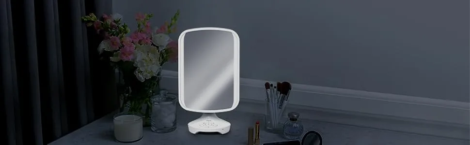 iHome 7 x 9 Reflect ll iCVBT3 Adjustable Vanity Mirror  Makeup Mirror with Bluetooth Audio  Hands-Free Speakerphone  LED Lighting  Siri & Google Support USB Charging  Flat Panel LED Lighting (White) - iHome