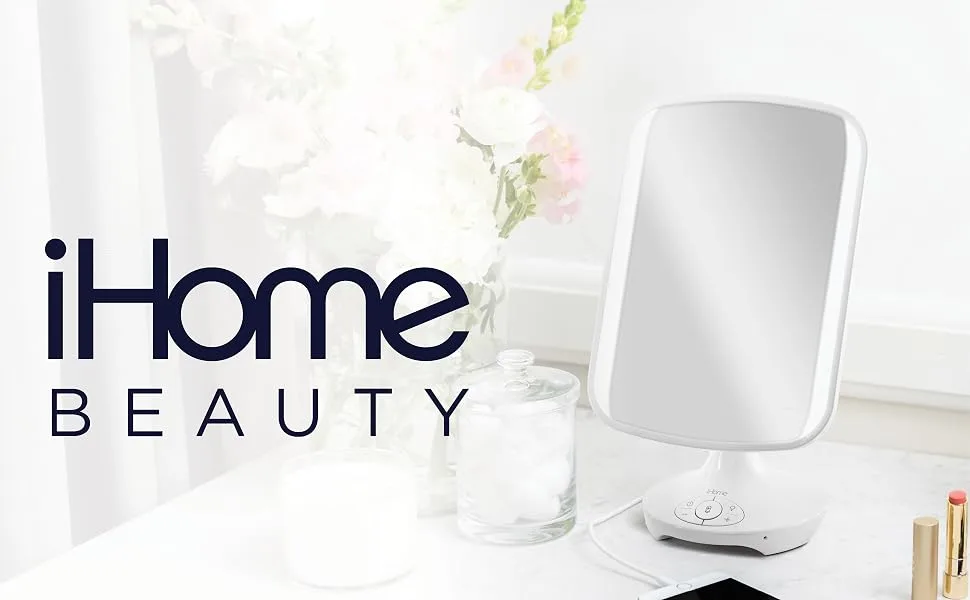 iHome 7 x 9 Reflect ll iCVBT3 Adjustable Vanity Mirror  Makeup Mirror with Bluetooth Audio  Hands-Free Speakerphone  LED Lighting  Siri & Google Support USB Charging  Flat Panel LED Lighting (White) - iHome Beauty