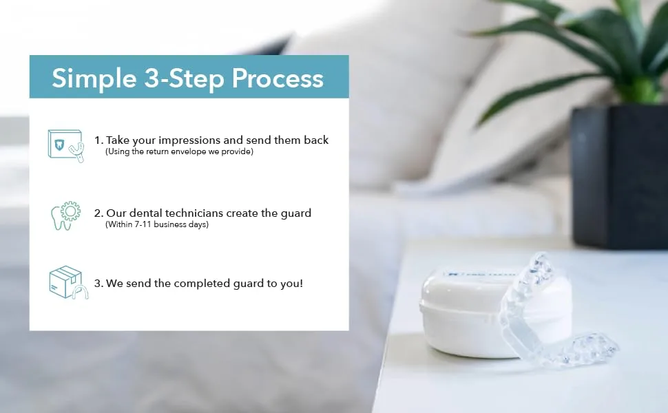Custom Soft Dental Night Guard for Teeth Grinding (Bruxism)  Clenching  Jaw Pain - Men Male - Teeth guard on bedside table next to chart describing 3-step process of ordering custom teeth guard.