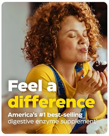 Enzymedica GlutenEase Extra Strength breaks down gluten-heavy foods Vegan Soy-Free - 60 Capsules - Advertisement for digestive enzyme supplement. Woman with curly hair in yellow shirt enjoying a cupcake. Text: 'Feel a difference' and 'America's #1 best-selling digestive enzyme supplement'.