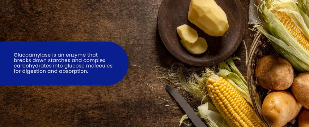 Enzymedica GlutenEase Extra Strength breaks down gluten-heavy foods Vegan Soy-Free - 60 Capsules - Dark wooden surface with fresh produce including corn, bananas, and potatoes. Blue text overlay in corner partially visible but not fully legible.