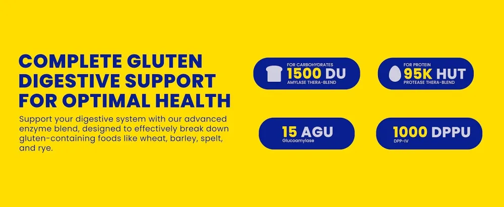 Enzymedica GlutenEase Extra Strength breaks down gluten-heavy foods Vegan Soy-Free - 60 Capsules - Text reads: 'COMPLETE GLUTEN DIGESTIVE SUPPORT FOR OPTIMAL HEALTH' with four circular icons showing measurements: '1150 DU', '835 HUT', '15 AGU', '1000 DPP'.
